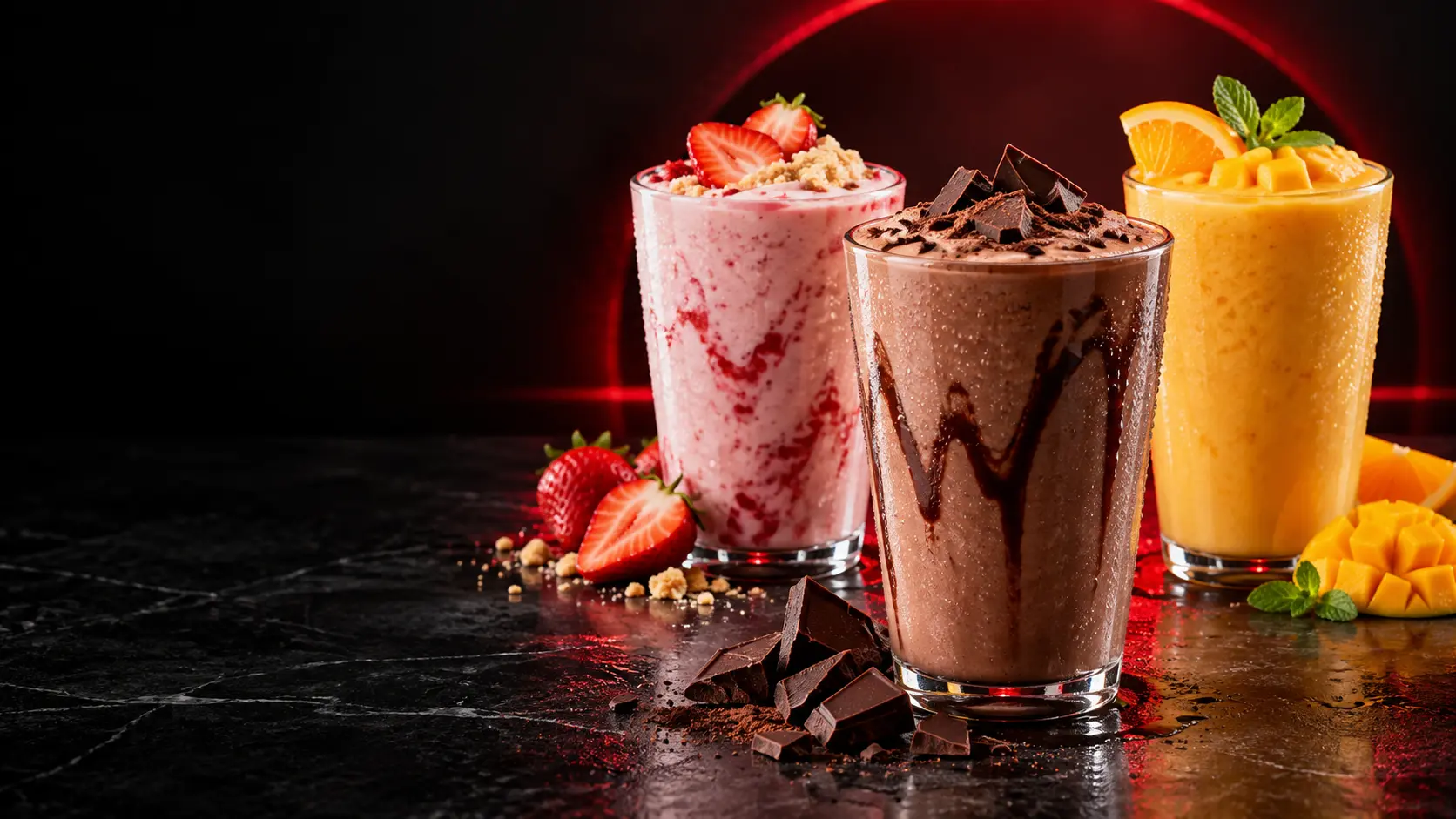 Tres shakes de chocolate, frutilla y mango presentados de forma publicitaria